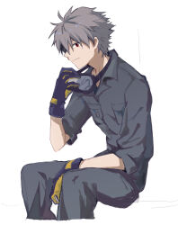  1boy alternate_costume closed_mouth collared_shirt gloves goggles goggles_around_neck grey_hair grey_pants grey_shirt highres invisible_chair male_focus nagisa_kaworu neon_genesis_evangelion pants red_eyes shirt short_hair simple_background sitting sleeves_rolled_up solo white_background yorumi1117 