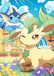  absurdres animal_focus blue_eyes blue_fur blue_sclera blue_sky brown_fur brown_sclera cetacean_tail clouds colored_sclera commentary english_commentary fence fins fish_tail flower forked_tail green_fur head_fins highres komanychi leafeon no_humans one_eye_closed open_mouth pokemon pokemon_(creature) pokemon_focus sky smile tail vaporeon water wooden_fence yellow_fur 