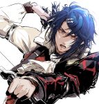  1boy alcryst_(fire_emblem) armor arrow_(projectile) ascot blue_hair bow_(weapon) fire_emblem fire_emblem_engage furrowed_brow hair_between_eyes hair_ornament hairclip highres holding holding_weapon long_sleeves looking_at_viewer open_mouth red_eyes shirt short_hair solo umi_(_oneinchswing) weapon white_ascot white_background white_shirt 