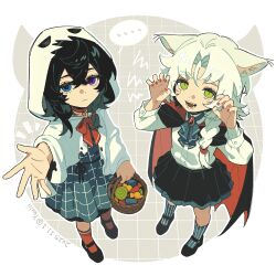  ... 2girls animal_ears ascot basket black_hair black_shoes bow bowtie braid candy child choker closed_mouth crossed_bangs dress expressionless eyelashes facial_mark fang fingernails food gem ghost_costume green_eyes hair_between_eyes halloween_costume heterochromia highres holding holding_basket hood hood_up kneehighs long_hair long_sleeves looking_at_viewer multiple_girls nail_polish open_hand open_mouth original parted_bangs pleated_skirt red_bow red_bowtie red_gem red_nails scar scar_across_eye scar_on_face screentones shoes sidelocks skirt slit_pupils socks speech_bubble square standing striped_clothes striped_socks teeth tongue white_hair yuuiii 