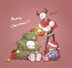  1other 2boys box brown_hair child christmas christmas_ornaments christmas_present christmas_stocking christmas_tree_costume closed_eyes commentary_request fake_antlers frisk_(undertale) gift gift_box gloves grin hat highres long_sleeves male_focus multiple_boys no_mouth no_nose papyrus_(undertale) red_background sans_(undertale) santa_hat scarf short_hair sitting skeleton sleeping slippers smile squatting star_(symbol) sweater undertale utdr_(toby_fox) zomcoe zzz 