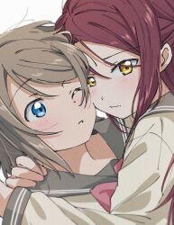  2girls absurdres blue_eyes blush bow bowtie cheek-to-cheek closed_mouth commentary grey_hair half_updo hand_on_another's_neck heads_together highres long_hair long_sleeves love_live! love_live!_sunshine!! medium_hair multiple_girls one_eye_closed portrait red_bow red_bowtie red_hair sakurauchi_riko school_uniform serafuku simple_background symbol-only_commentary uranohoshi_school_uniform watanabe_you white_background winter_uniform yellow_eyes yuchi_(salmon-1000) yuri 