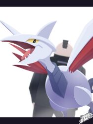 1boy absurdres bird black_eyes colored_sclera commentary highres horns metal_skin metal_wings open_mouth philippe_(pokemon) pokemon pokemon_(creature) pokemon_legends:_z-a red_wings sakanagi_(a_r_co) single_horn skarmory symbol-only_commentary teeth white_background wings yellow_sclera 