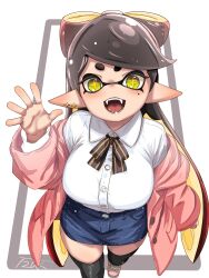  +_+ 1girl black_thighhighs blush bow callie_(splatoon) commentary_request denim denim_skirt highres inkling jacket long_hair long_sleeves looking_at_viewer mole mole_under_eye multicolored_hair open_clothes open_jacket open_mouth pink_jacket pointy_ears shirt skirt splatoon_(series) splatoon_1 t2ukmyjm tentacle_hair thigh-highs thighs tongue two-tone_hair waving white_shirt yellow_eyes 