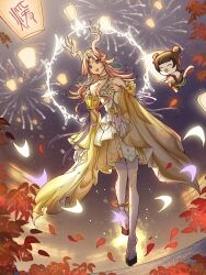 1girl ^_^ aerial_fireworks ahoge animal ankle_ring antlers armor bare_shoulders black_sandals blue_eyes breastplate brown_hair cat cerinapan chinese_clothes chinese_commentary choker chroma's_mortal_heart_(infinity_nikki) closed_eyes clothed_animal collarbone commentary_request deer_antlers detached_sleeves double_bun dress eyes_visible_through_hair fireworks floating full_body gold_choker gold_necklace hair_bun hair_ribbon halo halo_behind_head hand_fan hand_on_own_chest happy highres holding holding_fan horns infinity_nikki jewelry lantern light_particles long_hair long_sidelocks long_sleeves looking_ahead momo_(nikki) necklace night nikki_(nikki) nikki_(series) open_mouth outdoors pantyhose paper_lantern pendant pink_hair purple_ribbon red_ribbon ribbon sandals short_hair sidelocks sleeve_ribbon smile strapless strapless_dress teeth tuanshan two-tone_dress upper_teeth_only very_long_hair white_cat white_dress white_halo white_pantyhose wide_sleeves wig yellow_dress yellow_fire yellow_sleeves 