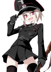  absurdres belt black_gloves black_shirt black_thighhighs blazer blonde_hair bolt_action breasts gloves gun hat highres holding holding_gun holding_weapon jacket jiseki_rena looking_at_viewer mauser_98 medium_breasts military_uniform nazi original peaked_cap pleated_skirt red_eyes reichsadler rifle shirt skindentation skirt thigh-highs thigh_focus thighs weapon weapon_request zettai_ryouiki 