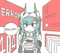  1girl 404 aqua_hair arknights arknights:_endfield bare_shoulders black_eyed black_veil commentary_request detached_sleeves dragon_horn dragon_tail dress english_text error_message green_horns holding_button horns http_status_code long_hair looking_at_viewer low_twintails nun_headdress profanity push-button red_button simple_background solo speech_bubble tail twintails upper_body v-shaped_eyebrows veil white_background white_dress xaihi_(arknights) ytheli 