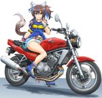  1girl absurdres animal_ears blue_footwear blue_hair blue_shirt daitaku_helios_(umamusume) ear_covers full_body gyaru highres horse_ears horse_girl horse_tail kawasaki long_hair looking_at_viewer mikeran_(mikelan) motor_vehicle motorcycle multicolored_hair shirt short_shorts shorts simple_background smile solo streaked_hair tail two-tone_hair umamusume white_background white_shorts yellow_eyes 