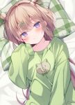  1girl :t bed_sheet blush breasts brown_hair closed_mouth commentary_request double_bun ebihara_beniko green_sweater hair_between_eyes hair_bun hair_intakes hair_ornament hairclip long_hair long_sleeves looking_at_viewer lying on_back original pillow plaid_pillow puffy_long_sleeves puffy_sleeves sleeves_past_fingers sleeves_past_wrists small_breasts solo sweater very_long_hair violet_eyes 