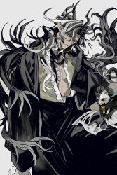  1boy arknights black_coat black_eyes black_hair chest_tattoo chinese_clothes closed_mouth clothing_request coat commentary_request dragon_boy dragon_horns dragon_tail eastern_dragon_horns hair_between_eyes hand_tattoo hand_up heterochromia highres horns kaifei_(kaifei_29) long_hair long_sleeves looking_at_viewer male_focus multicolored_hair neck_tattoo open_clothes open_coat parted_bangs pectoral_cleavage pectorals pointy_ears serious simple_background solo streaked_hair tail tattoo very_long_hair wang_(arknights) white_background white_hair yellow_eyes 