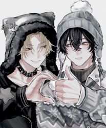  2boys absurdres animal_hood beanie black_hair blonde_hair cardigan cat_hood choker closed_mouth collared_shirt commentary eyes_visible_through_hair fang fur-trimmed_hood fur_trim grey_background grey_cardigan grey_eyes hair_between_eyes half-heart_hands hat highres hood hoodie layered_clothes looking_at_another male_focus mole mole_on_cheek mole_on_neck mole_under_eye multiple_boys multiple_moles original oysi_mysi safety_pin shirt smile studded_choker sweater symbol-only_commentary thumbs_up turtleneck turtleneck_sweater watermark 