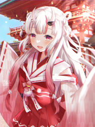  1girl absurdres blush braid hair_ornament hakama hakama_skirt highres hololive japanese_clothes long_hair mochi_tsu22 multicolored_hair nakiri_ayame nakiri_ayame_(shrine_maiden) nontraditional_miko oni red_eyes shrine skirt smile virtual_youtuber wide_sleeves 