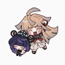  1boy 1girl :< :d arched_bangs arm_up black_dress blonde_hair blunt_bangs blush_stickers brother_and_sister chibi chibi_only closed_eyes closed_mouth colored_eyelashes dress fingerless_gloves gloves gwynn_(pokemon) highres ivor_(pokemon) long_hair open_mouth pants pokemon pokemon_legends:_z-a siblings simple_background smile thxzmgn 