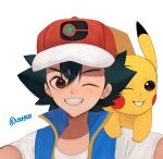  1boy absurdres ash_ketchum black_hair blue_vest brown_eyes grin hat highres male_focus multicolored_clothes multicolored_headwear one_eye_closed pikachu pokemon pokemon_(anime) red_headwear self-upload shirt signature smile vest white_headwear white_shirt 
