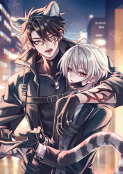  2boys absurdres adjusting_clothes adjusting_gloves animal_ear_fluff animal_ears arm_around_shoulder arm_tattoo black_coat black_gloves black_hair black_mask black_shirt building coat commentary_request dog_tags facial_tattoo gloves grey_vest harness highres looking_at_viewer male_focus mask_pull multiple_boys original outdoors parted_lips red_eyes shirt short_hair sky suzaku_(zaku6584) tail tattoo tiger_boy tiger_ears tiger_tail tongue tongue_out upper_body vest white_hair white_shirt yellow_eyes 