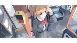  1girl 62_retas absurdres arm_up bag blonde_hair bow bowtie breast_pocket buttons closed_mouth collared_shirt commentary_request daiba_nana day expressionless from_above green_eyes green_ribbon grey_jacket grey_skirt hair_between_eyes hair_ribbon handrail highres holding holding_pole jacket letterboxed long_sleeves looking_ahead medium_hair one_side_up open_clothes open_jacket pleated_skirt pocket pole red_bow red_bowtie ribbon school_uniform seishou_music_academy_uniform shirt shirt_tucked_in shoujo_kageki_revue_starlight shoulder_bag skirt solo standing ticket_machine train_interior translation_request white_shirt 