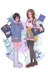  2girls abarai_renji animal_charm bag black_hair black_thighhighs bleach blue_jacket bow bowtie bread bread_slice breasts brown_eyes brown_hair brown_shoes cassette_tape cd_case cellphone character_charm charm_(object) closed_mouth clothes_around_waist collared_shirt commentary earphones flip_phone food full_body grey_eyes grey_skirt hair_between_eyes hand_in_pocket headphones headphones_around_neck highres inoue_orihime jacket kuchiki_rukia kurosaki_ichigo kyuuri_0622 large_breasts light_blush loafers long_hair loose_socks multiple_girls parted_bangs parted_lips phone pleated_skirt rabbit_charm red_bow red_bowtie shirt shoes short_hair shoulder_bag skirt sneakers socks sparkle strawberry_charm sweater sweater_around_waist thigh-highs white_background white_shirt white_shoes white_socks yellow_sweater 