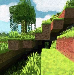  absurdres block_(minecraft) block_(object) clouds commentary creeper english_commentary fake_screenshot fearmongrel grass highres minecraft minecraft_(style) nature no_humans official_style outdoors painterly plant scenery sky solo tree vines 