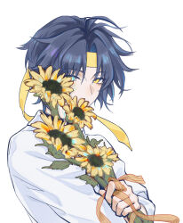  1boy absurdres asaba_harumasa black_hair blue_eyes closed_mouth commentary_request flower headband heterochromia highres holding holding_flower looking_at_viewer male_focus parted_bangs shirt short_hair sick simple_background solo sunflower tdjchh upper_body white_background white_shirt yellow_background yellow_headband zenless_zone_zero 