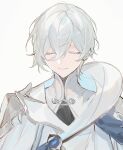  1boy bishounen closed_eyes closed_mouth colored_eyelashes elsword facing_viewer formal harque_ebalon jacket long_sleeves male_focus ne2_2ne shirt short_hair smile solo turtleneck white_background white_hair white_jacket white_shirt 