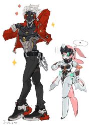  1boy 1girl aria_(zenless_zone_zero) arm_garter artist_name billy_kid black_pants black_sclera black_shoes blush bow clothed_robot colored_sclera commentary english_commentary green_bow green_eyes hand_on_own_chest highres humanoid_robot jacket liolion77 looking_at_another pants red_jacket robot robot_boy robot_girl sheriff_badge shoes simple_background sparkle speech_bubble spiky_hair sweat translation_request white_background white_hair yellow_eyes zenless_zone_zero 