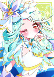  1girl ;) absurdres aqua_hair aqua_hat blue_bow blue_bowtie blue_gloves blurry boater_hat bow bowtie brooch butterfly_hat_ornament commentary cure_eclair dress earrings eyelashes eyeliner gloves green_background half-closed_eye half_gloves hand_on_own_chin hat hat_ornament heart heart_brooch highres jewelry long_hair looking_at_viewer magical_girl makeup meitantei_precure! one_eye_closed pixiv_username potacure precure red_eyes signature sleeveless sleeveless_dress smile solo sparkle tilted_headwear twitter_username upper_body white_dress 