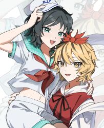  2girls anchor_symbol black_hair blonde_hair brown_ribbon commentary_request commission dress english_commentary green_eyes green_sailor_collar hagoromo hat highres looking_at_viewer midriff mixed-language_commentary multicolored_hair multiple_girls murasa_minamitsu navel neck_ribbon neckerchief open_mouth puffy_short_sleeves puffy_sleeves red_dress red_neckerchief ribbon sailor_collar sailor_hat sailor_shirt shawl shirt short_hair short_sleeves shorts skeb_commission smile streaked_hair toramaru_shou touhou two-tone_hair uehara_suiyo white_hat white_shorts yellow_eyes yuri zoom_layer 