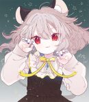  1girl :3 animal_ears biyon black_dress blue_nails commentary_request dress grey_hair hands_up long_sleeves looking_at_viewer medium_hair mouse mouse_ears mouse_girl mouse_tail nail_polish nazrin neck_ribbon open_mouth red_eyes ribbon shirt smile solo star_(symbol) tail touhou twitter_username upper_body white_shirt yellow_ribbon 