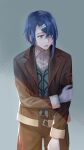  1boy alcryst_(fire_emblem) asymmetrical_hair belt belt_buckle blue_hair buckle fire_emblem fire_emblem_engage gloves hair_between_eyes hair_ornament hairclip heavelle holding_own_arm looking_to_the_side red_eyes shirt short_hair solo white_gloves 