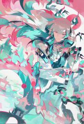  1boy adversarial_noise arknights bad_anatomy blue_hair chinese_commentary colored_extremities commentary_request dragon_boy dragon_horns dragon_tail fire half-closed_eyes highres horns long_hair long_neck male_focus mountainous_horizon multicolored_hair pink_eyes pink_fire pink_hair pointy_ears sidelocks smile solo tail very_long_hair xiyaa291325 yi_(arknights) 