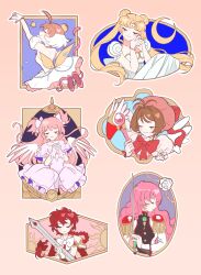  6+girls ahiru_(princess_tutu) ahoge angel_wings armor armored_dress ballerina ballet_slippers blonde_hair blush_stickers braid brown_hair cardcaptor_sakura closed_eyes crescent crossover crown double_bun dress english_commentary gloves hair_bun highres holding holding_staff holding_sword holding_weapon kaname_madoka kinomoto_sakura long_hair magic_knight_rayearth magical_girl mini_crown multicolored_hair multiple_girls orange_hair own_hands_together pale_skin pink_hair pink_shoes princess_tutu princess_tutu_(character) puffy_short_sleeves puffy_sleeves red_hair shidou_hikaru shoes short_hair short_sleeves shoujo_kakumei_utena shoujo_kakumei_utena_adolescence_mokushiroku shy_(ribboneels) single_braid smile staff sword tenjou_utena twintails two-tone_hair unworn_shoes very_long_hair weapon white_dress white_gloves white_wings wings 