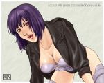 1girl all_fours azasuke bangs breasts cleavage cyborg female ghost_in_the_shell jacket kusanagi_motoko open_clothes open_jacket open_mouth purple_hair red_eyes short_hair solo watermark 