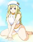  aria barefoot bikini blonde_hair blue_eyes breasts feet hat highres huge_breasts long_hair plump swimsuit swimsuit thighs toes zundarepon 