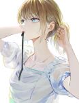  1girl absurdres blonde_hair blue_eyes closed_mouth hair_ornament hair_ribbon hand_up highres jewelry mouth_hold nababa ribbon short_sleeves simple_background solo tying_hair upper_body white_background 