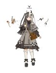  1girl bag black_bow black_bowtie black_eyes black_footwear black_gemstone black_hair blush bow bowtie brown_bag buttons checkered_clothes closed_mouth constellation crescent demon demon_horns doll_joints dress flower frills gem grey_dress hair_bow hand_up horns jar jewelry joints kneehighs light_smile long_hair looking_ahead looking_at_viewer multicolored_hair multicolored_horns necklace orange_flower original puffy_sleeves smile socks starshadowmagician striped taurus_(zodiac) twintails two_side_up white_background white_bow white_hair white_socks zodiac 
