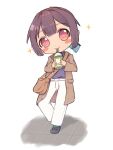  1girl bag blue_hair blunt_bangs blush_stickers brown_coat brown_hair chibi coat commentary cup disposable_cup drinking_straw drinking_straw_in_mouth full_body highres hozuki_momiji long_sleeves looking_at_viewer multicolored_hair onii-chan_wa_oshimai! open_clothes open_coat pants purple_shirt shirt short_hair short_ponytail shoulder_bag simple_background smile solo sparkle two-tone_hair uni_nfia white_background white_pants 