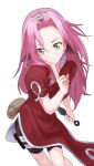  1girl closed_mouth commentary_request dress forehead_protector green_eyes haruno_sakura highres holding holding_weapon konohagakure_symbol kunai looking_at_viewer mandei_(nao_1234567) naruto naruto_(series) pink_hair red_dress short_hair short_sleeves simple_background smile solo weapon white_background 