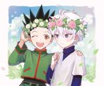  2boys black_shirt blue_eyes blush brown_eyes clouds cloudy_sky falling_leaves flower gon_freecss green_jacket green_shorts head_wreath highres hunter_x_hunter jacket killua_zoldyck layered_sleeves leaf long_sleeves looking_at_viewer male_child male_focus multiple_boys od_stc one_eye_closed outdoors shirt short_hair short_over_long_sleeves short_sleeves shorts sky smile spiky_hair white_hair white_shirt 