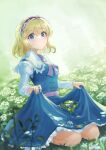  1girl alice_margatroid blonde_hair blue_dress blue_eyes blush capelet commentary_request dress flower frilled_dress frilled_hairband frills grass hair_between_eyes hairband highres leaf long_sleeves looking_at_viewer menotoa neckerchief outdoors parted_lips partial_commentary red_flower red_hairband red_neckerchief seiza shirt short_hair sitting skirt_basket skirt_hold sleeveless sleeveless_dress smile solo touhou white_capelet white_flower white_shirt 