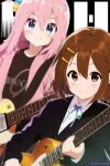  2girls black_jacket black_shirt blazer blue_eyes blue_ribbon blush bocchi_the_rock! brown_eyes brown_hair closed_mouth collared_shirt commentary_request crossover cube_hair_ornament electric_guitar gotou_hitori guitar hair_between_eyes hair_ornament hair_over_eyes hairclip highres hirasawa_yui holding holding_instrument instrument jacket k-on! long_hair long_sleeves looking_at_viewer multiple_girls music neck_ribbon one_side_up pink_hair pink_jacket playing_instrument ribbon sakuragaoka_high_school_uniform school_uniform shirt short_hair smile soutou t-shirt track_jacket twitter_username upper_body watermark white_shirt winter_uniform 