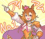 1girl :d animal_ears cape crown emphasis_lines hair_between_eyes highres horse_ears horse_girl looking_at_viewer maromaron_taitei mini_crown one-hour_drawing_challenge orange_hair pointing purple_cape short_hair smile solo t.m._opera_o_(umamusume) tomboy umamusume violet_eyes yellow_background 
