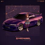  1girl admire_vega_(umamusume) animal_ears black_footwear blue_dress boots brown_hair car character_name dress ear_covers gloves highres horse_ears horse_tail long_hair low_ponytail motor_vehicle nissan_skyline nissan_skyline_gt-r nissan_skyline_r33 pantyhose purple_car purple_pantyhose run_rotary single_ear_cover solo sports_car tail umamusume vehicle_focus very_long_hair white_footwear white_gloves 