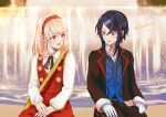  1boy 1girl alcryst_(fire_emblem) blue_hair braid couple dress fire_emblem fire_emblem_engage gloves hair_between_eyes hair_ornament hairband hairclip hands_on_lap jacket lapis_(fire_emblem) long_sleeves open_mouth pink_hair red_eyes ribbon shoochiku_bai short_hair smile white_gloves 