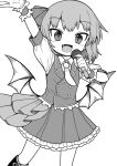  1girl arm_up bat_wings blush collared_shirt fang flandre_scarlet greyscale highres holding holding_microphone looking_at_viewer microphone monochrome necktie oninamako open_mouth shirt short_hair slit_pupils smile solo touhou wings 