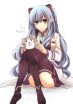  1girl ao_no_kiseki blue_hair brooch cat_ear_hairband coat eiyuu_densetsu highres holding holding_stuffed_toy holding_toy jewelry long_hair looking_at_viewer mishy satsuki_(chaosmode) sitting skirt stuffed_animal stuffed_cat stuffed_toy thigh-highs tio_plato toy twintails yellow_eyes zero_no_kiseki 