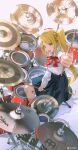  1girl absurdres ahoge black_skirt blonde_hair bocchi_the_rock! brown_eyes character_name drum drum_set drumsticks highres holding holding_drumsticks ijichi_nijika instrument looking_at_viewer music neck_ribbon open_mouth outstretched_arm parted_bangs playing_instrument pleated_skirt red_ribbon ribbon romaji_text school_uniform shimokitazawa_high_school_uniform shirt sidelocks sitting skirt solo sweatdrop weibo_logo weibo_username white_shirt z3zz4 