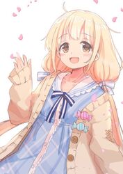  1girl blonde_hair blue_dress blue_ribbon blush brown_cardigan brown_eyes candy cardigan collarbone dress falling_petals food futaba_anzu greatpengh hair_ribbon hand_up idolmaster idolmaster_cinderella_girls idolmaster_cinderella_girls_starlight_stage long_hair long_sleeves looking_at_viewer low_twintails neck_ribbon open_cardigan open_clothes open_mouth petals plaid plaid_dress ribbon simple_background sleeves_past_wrists smile solo twintails very_long_hair white_background 