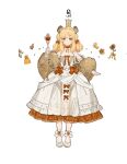  1girl animal_ears bag black_eyes blonde_hair blush bottle bow braid buttons choker constellation crown detached_sleeves doll_joints dress flower gem hair_bow hand_up holding holding_staff joints juliet_sleeves leo_(zodiac) light_smile lion_ears lion_girl long_sleeves looking_ahead looking_at_viewer orange_ribbon original puffy_sleeves red_bow red_choker red_ribbon ribbon smile sparkle staff starshadowmagician sunflower white_background white_bow white_dress white_footwear yellow_bag zodiac 