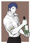  1boy alcohol armband bottle brown_background champagne champagne_bottle earrings facial_hair goatee holding holding_bottle jewelry kokorozashi looking_at_viewer muscular muscular_male one_piece pectoral_cleavage pectorals shirt sleeves_rolled_up smile trafalgar_law white_shirt wine_bottle 