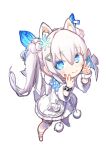  1girl animal_ear_fluff animal_ears blue_bow blue_eyes blush bow butterfly_hair_ornament chibi closed_mouth double_bun double_v full_body fur-trimmed_sleeves fur_trim goddess_of_victory:_nikke hair_between_eyes hair_bun hair_ornament highres jacket long_hair n102_(miracle_fairy)_(nikke) n102_(nikke) official_alternate_costume pleated_skirt pom_pom_(clothes) rabbit_food_ch scrunchie short_sleeves short_twintails simple_background skirt smile snowflake_hair_ornament solo standing twintails v watch watch white_background white_hair white_jacket white_skirt wrist_scrunchie zipper 